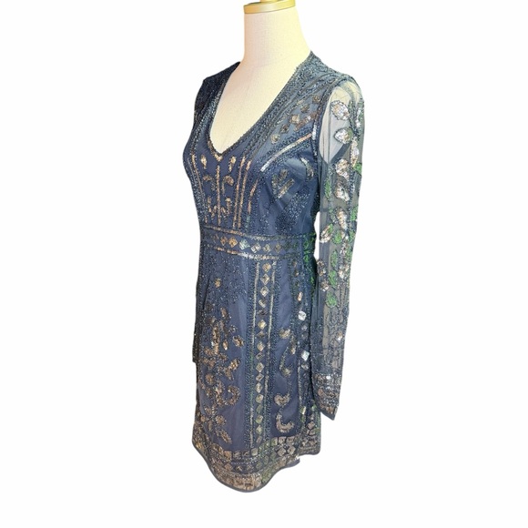 GB Navy Blue & Silver Sequin & Bead Embellished Mesh Sleeve Mini Dress Sz Medium - Picture 7 of 15